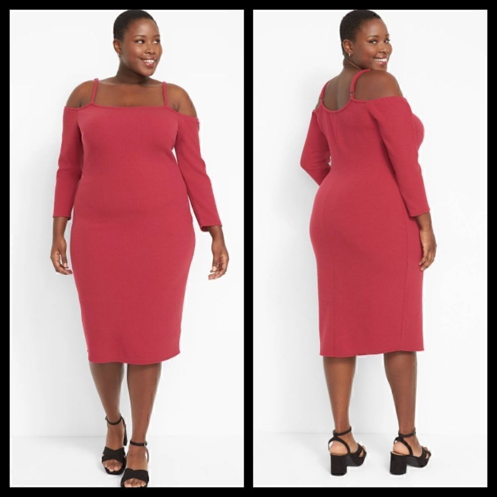 26/28 Lane Bryant Red Ribbed Bodycon Dress Cold Shoulder Date Nght Fitted Scoop